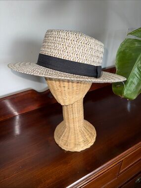 Beautiful Woven Straw Boater Hat with Black Band